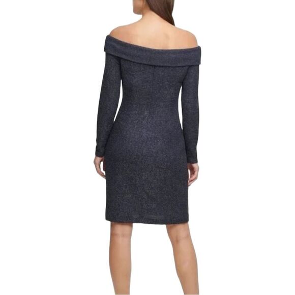 ELIZA J Off-The-Shoulder Glitter Sheath Dress Steel Gray Size  4 - Picture 2 of 12